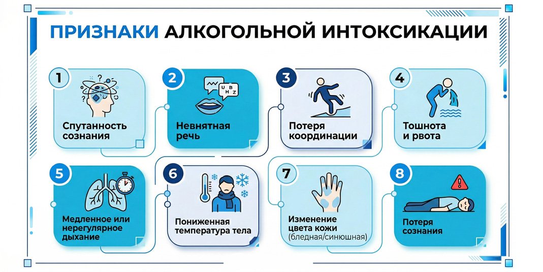 Инфографика: 8 основных признаков тяжелой алкогольной интоксикации и отравления алкоголем